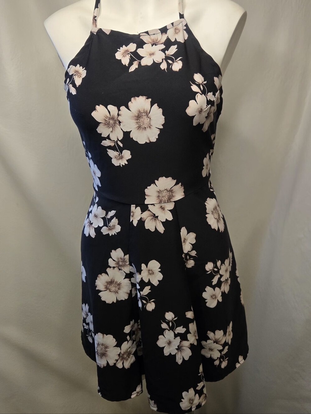 Made In Italy Black Floral Halter Open Cross Back Mini Dress XS